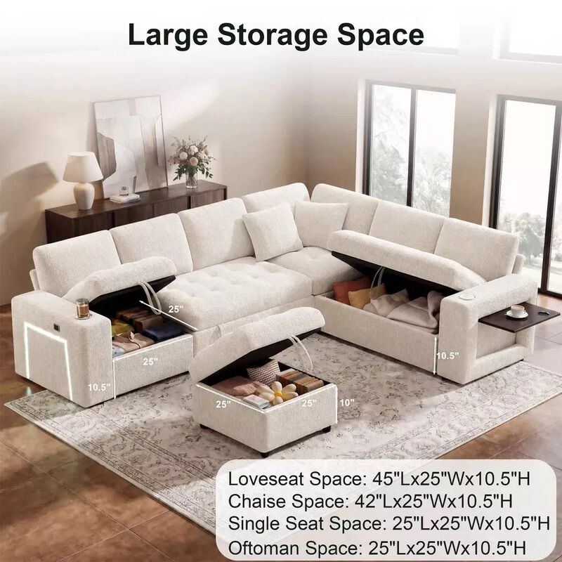 Vipbear 110" Modular Sectional Sleeper Sofa, Pull Out Bed, 7-Seat Chenille L-Shaped Couch, Storage image number 8