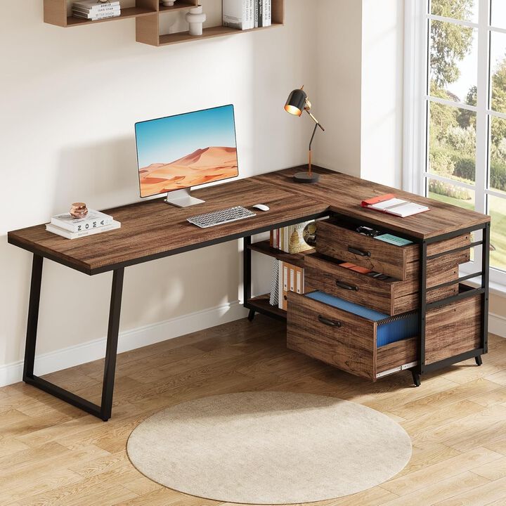 Tribesigns Height Adjustable C-Shaped End Table with Wheels, Walnut Brown Mobile Sofa Side Table with Tiltable Top and Magazine Holder, Rolling Snack Table for Living Room, Bedroom, and Home Office
