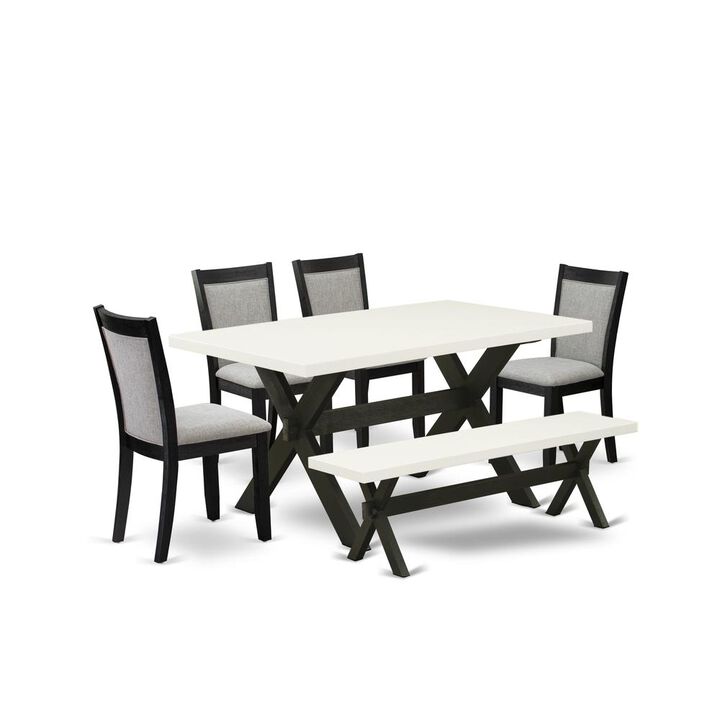 X626MZ606-6 6 Pc Kitchen Table Set - Linen White Table with a Rustic Bench and 4 Shitake Dining Chairs - Wire Brushed Black Finish