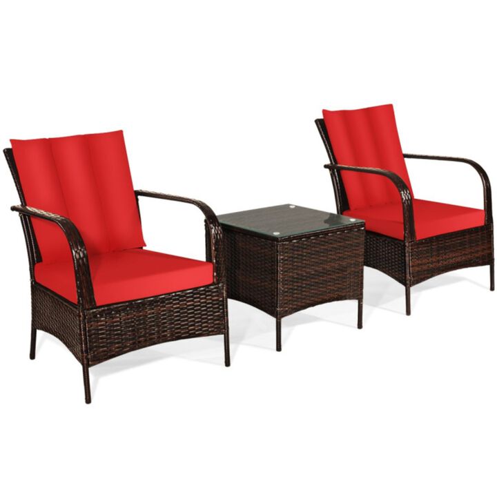 3 Pcs Patio Conversation Rattan Furniture Set with Glass Top Coffee Table and Cushions