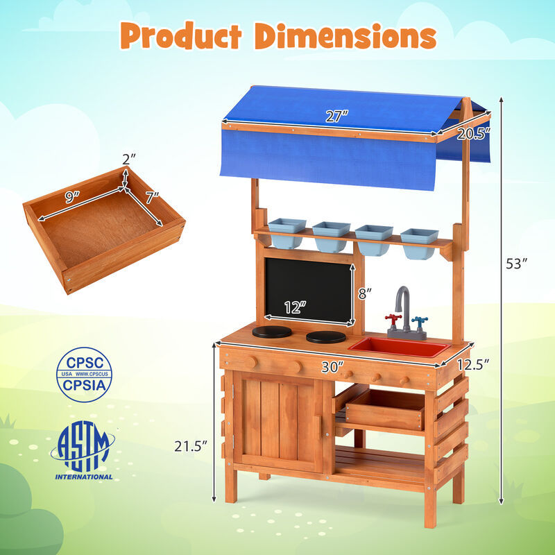 Kids Wooden Pretend Kitchen Play Set with Adjustable Canopy for Creative Play