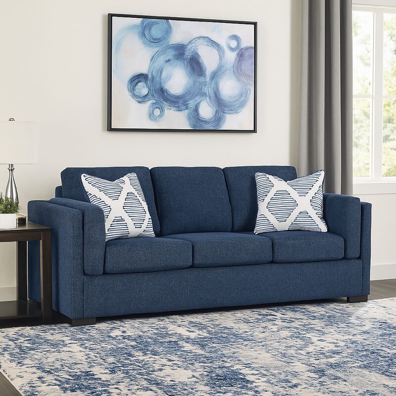 Marcy Sofa with 2 Accent Throw Pillows, Navy Blue Polyester 89 Inch image number 1