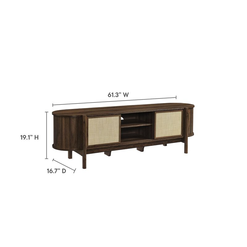 Modway Reid 61 Inch TV Stand in Walnut - Curved Oval Media Console with Rattan Sliding Doors and Open Shelves - Mid-Century Modern Entertainment Center for Flat Screen TVs up to 68&rdquo; image number 2