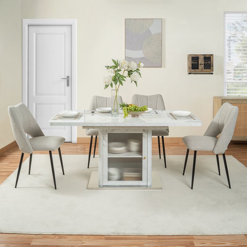 47.24"-63"Modern Rectangle Dining Table, Stretchable, with Printed White Marble Table Top+Storage Cabinet Table Leg with Metal Base image number 2