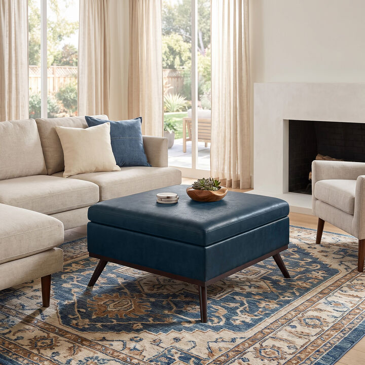 Owen 36 inch Wide Mid Century Modern Square Coffee Table Storage Ottoman in Distressed Dark Blue Vegan Faux Leather, Assembled