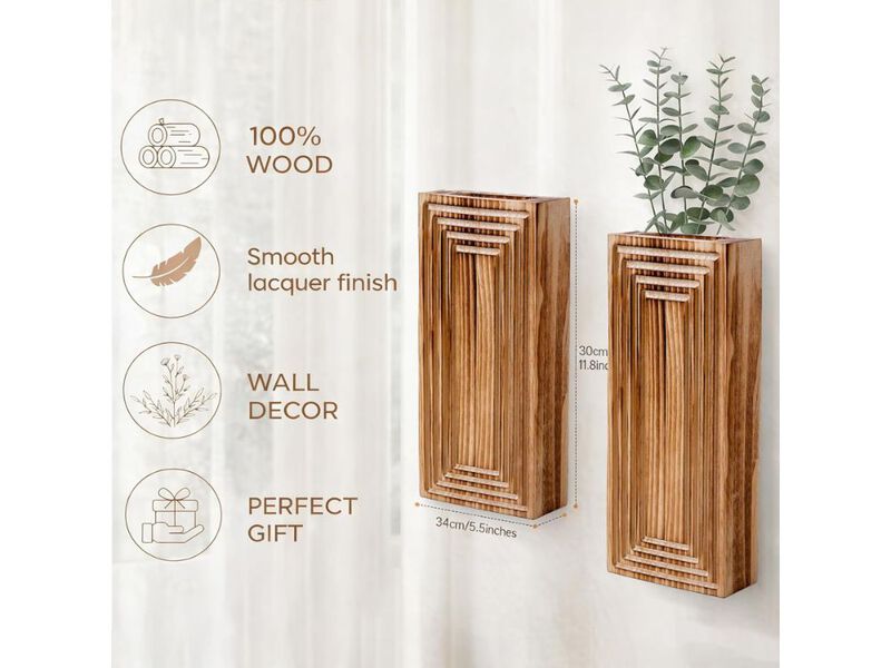 Wood Wall Planter Vase Set of 2 Hanging Decor for Living Room Bedroom Home image number 2