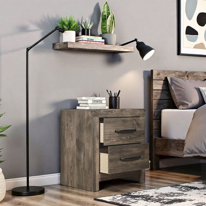 Elegant 2 Drawer Wooden Nightstand &ndash; Greige Wood Nightstand for Bedroom Use