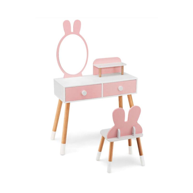 Hivvago Kids Vanity Table and Chair Set with Drawer Shelf and Rabbit Mirror