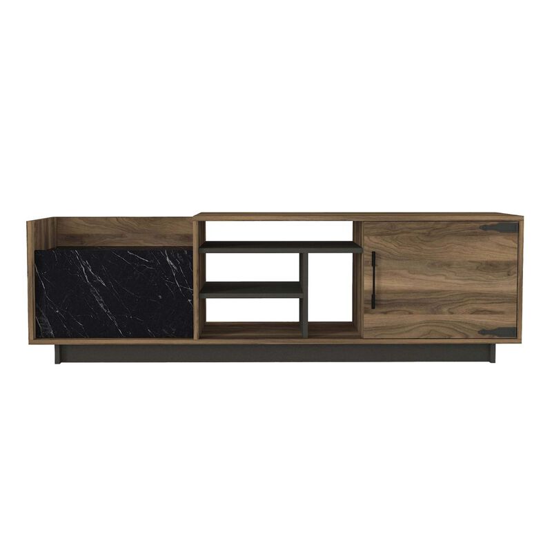 71 Inch Modern Wooden TV Console Cabinet, 2 Doors, 4 Open Compartments, Walnut and Black