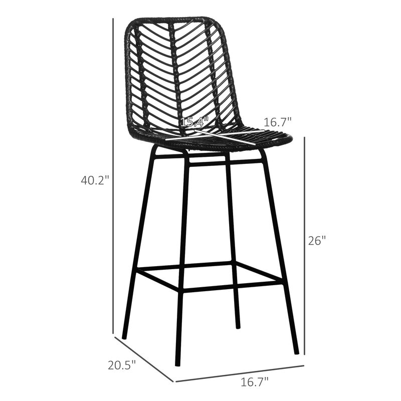 Black Rattan Barstools: Set of 2, Counter Height, Steel Legs