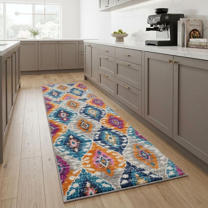 HomeRoots 8' X 10' Gray Blue And Orange Ogee Distressed Area Rug