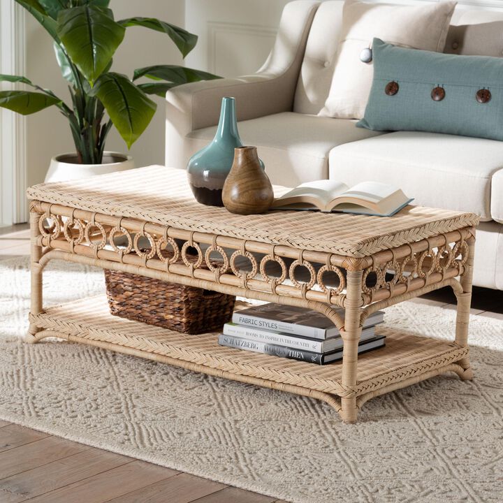 bali & pari Oxford Braided Natural Rattan Coffee Table with Open Shelf - Coastal Boho Living Room Accent Table with Decorative Loop Detailing