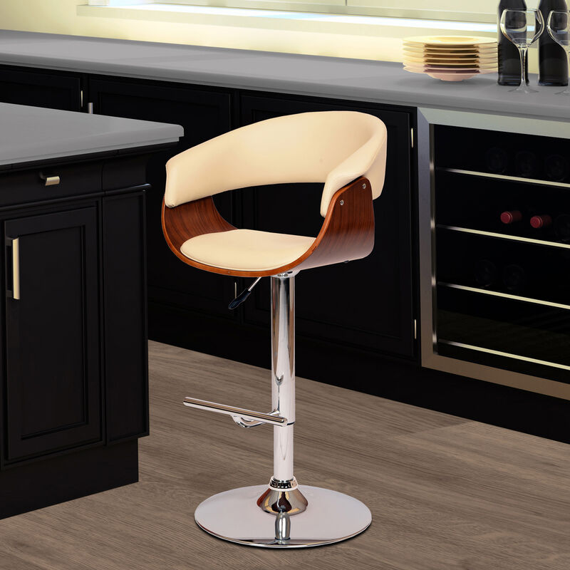 Paris Black Faux Leather Adjustable Height Swivel Walnut Wood and Chrome Stool
