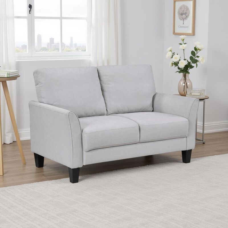 Xumo Loveseat, Light Gray Fabric, 56 Inch, Black Tapered Wood Legs - Benzara