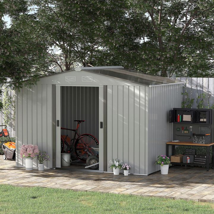 9' x 6' Metal Storage Shed Garden Tool House with Double Sliding Doors, 4 Air Vents for Backyard Garden Equipment, Lawnmower, Silver