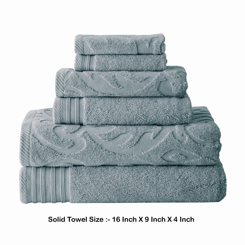 Oya 6 Piece Soft Egyptian Cotton Towel Set, Medallion Pattern, Blue Gray-Benzara