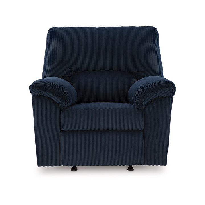 Simy Rocker Recliner Chair, Pillow Top Arms, Dark Navy Blue Corduroy - Benzara