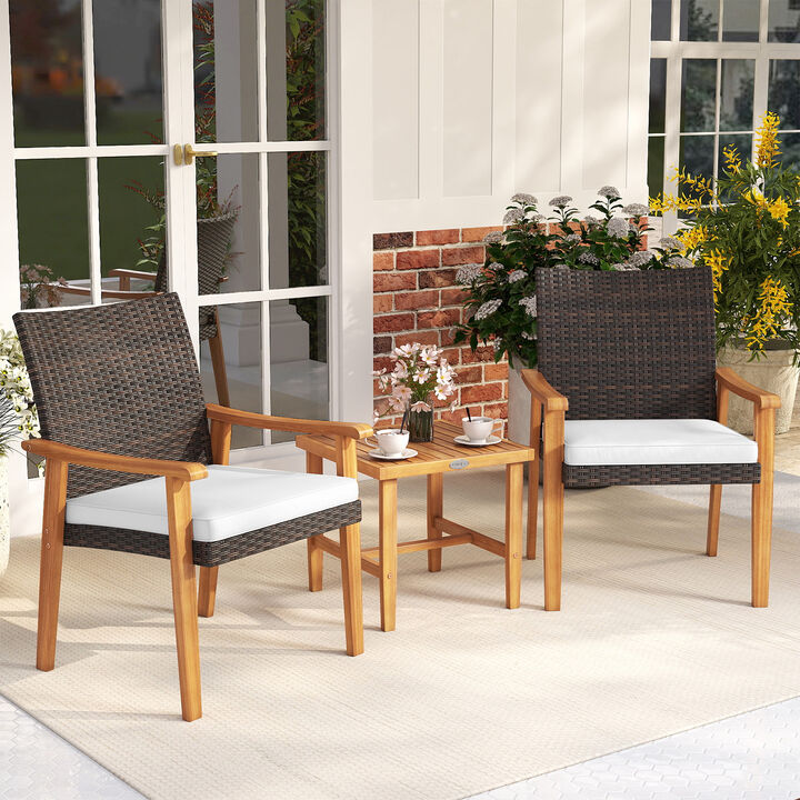3-Piece PE Wicker Patio Conversation Set with Acacia Wood Table