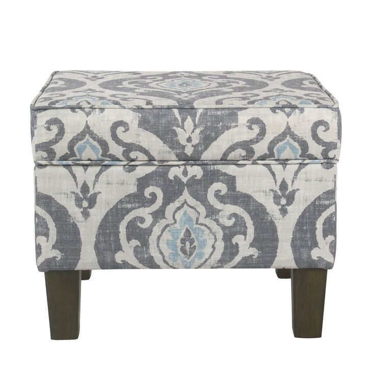 Wooden Ottoman with Patterned Fabric Upholstery and Hidden Storage, Gray and Blue - Benzara