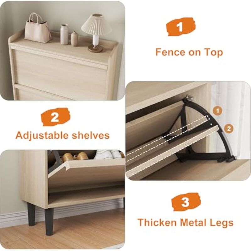 Entryway Wood Shoe Storage Cabinet Flip Drawer Adjustable Shelves Natural Oak image number 3