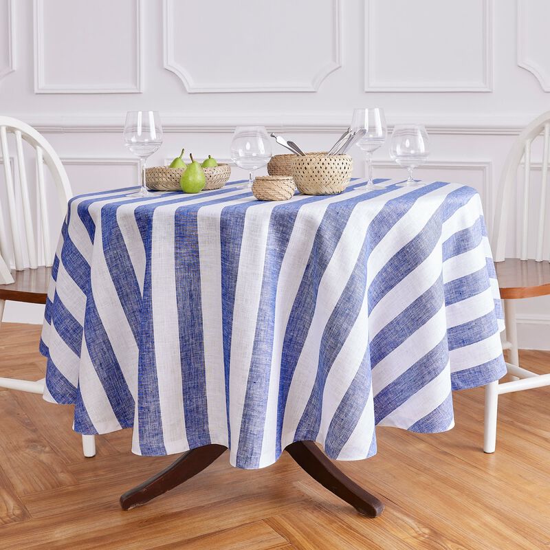 Solino Home Cabana Stripe 100% Linen Round Tablecloth &ndash; Handcrafted, Machine Washable, Perfect for Holiday and Everyday Dining