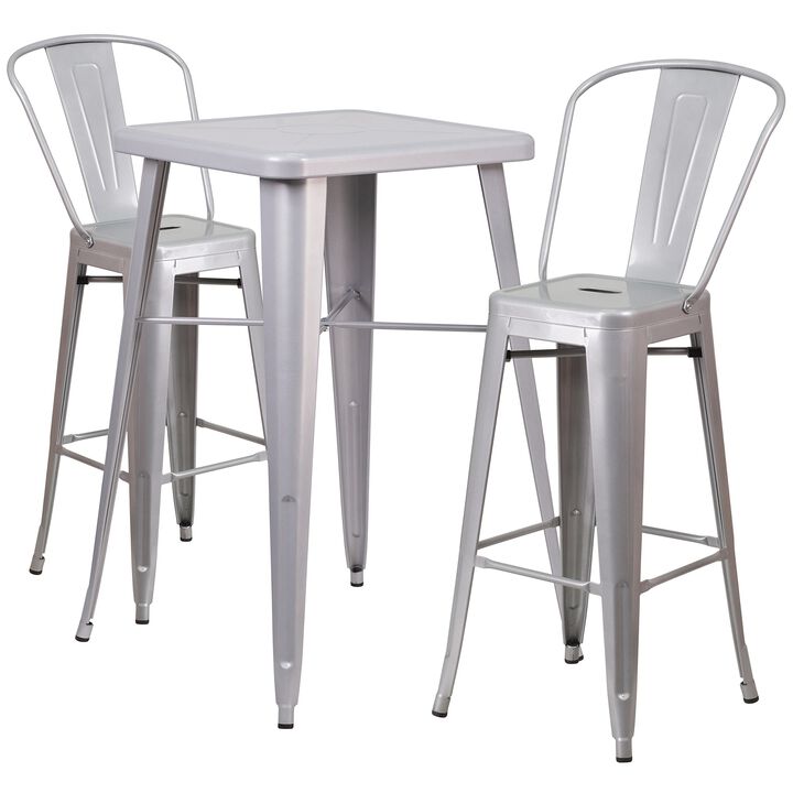 Flash Furniture Commercial Grade 23.75" Square Silver Metal Indoor-Outdoor Bar Table Set with 2 Stools with Backs