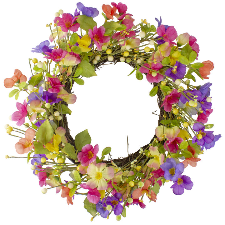 Wild Flowers and Berries Artificial Spring Twig Wreath  Pink and Yellow - 20-Inch
