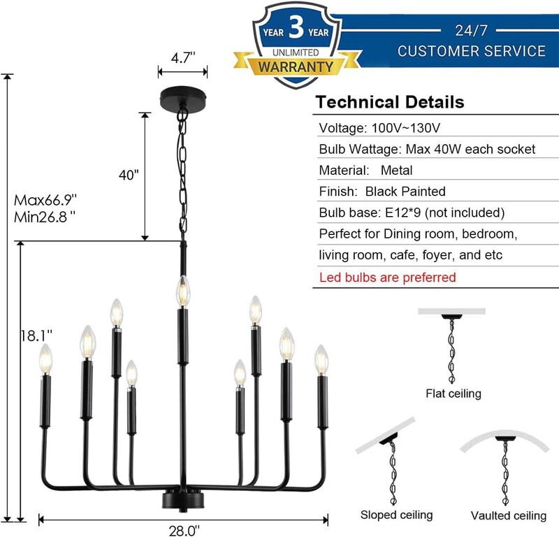 ShipItFurniture Black Farmhouse 9-Light Chandelier 28" image number 3