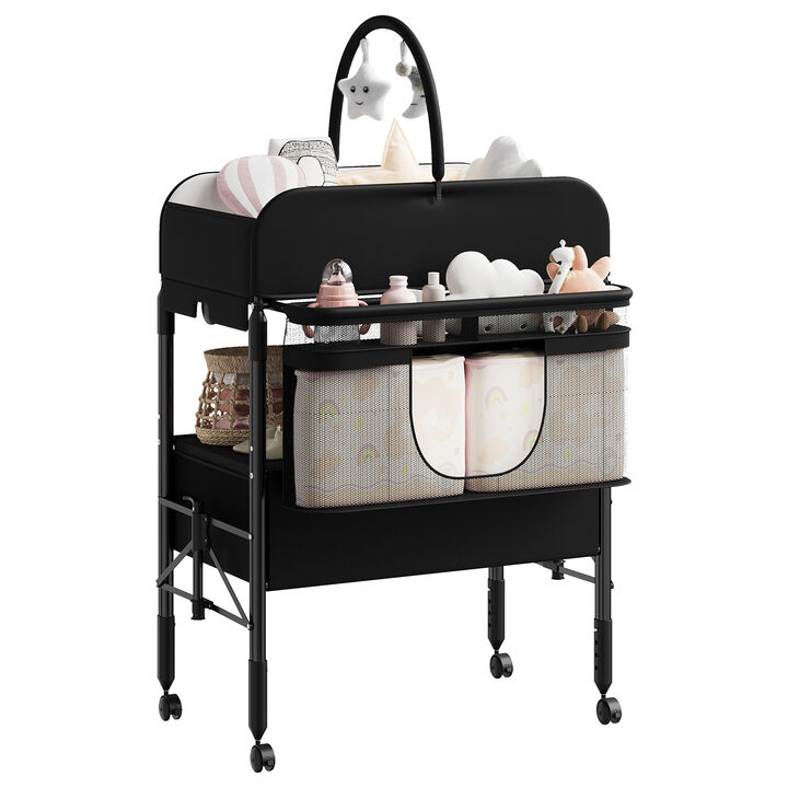 Portable Adjustable Baby Changing Table &ndash; Foldable Mobile Diaper Station with Wheels, 2 Drawers & Waterproof Top