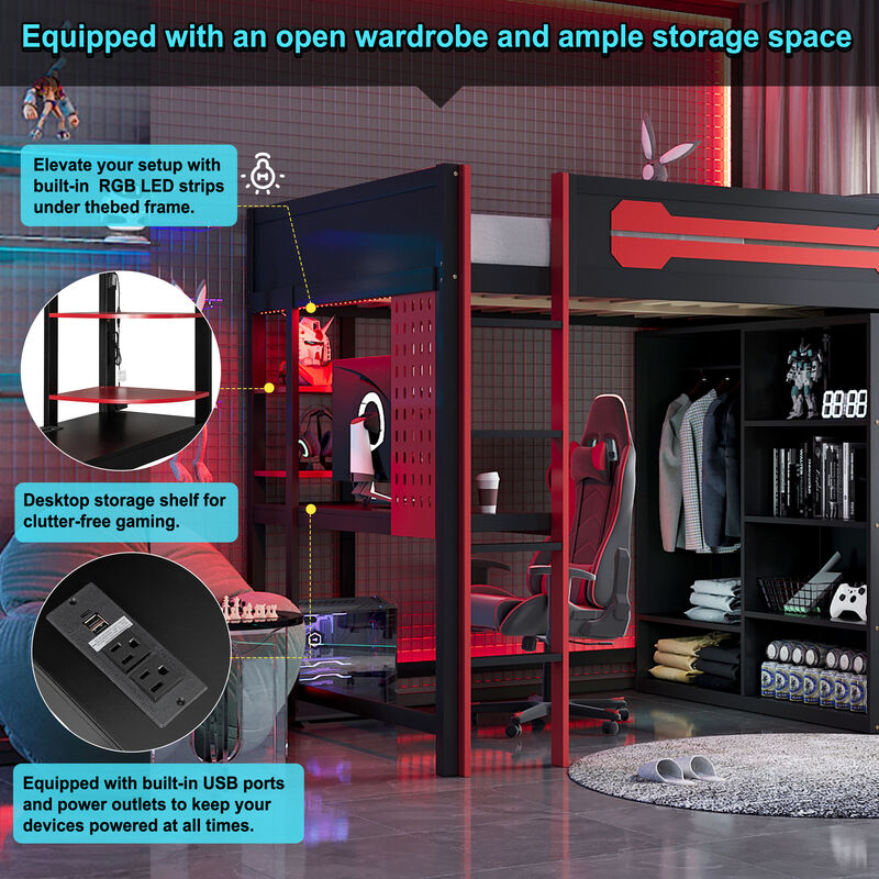 Merax Full Size Gaming Loft Bed with Desk, Wardrobe & RGB Lights image number 3