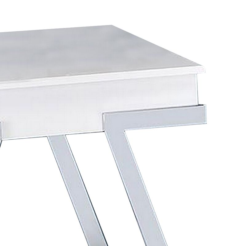Tius 26 Inch Side End Table, Open Shelf, Chrome, High Gloss White Finish
