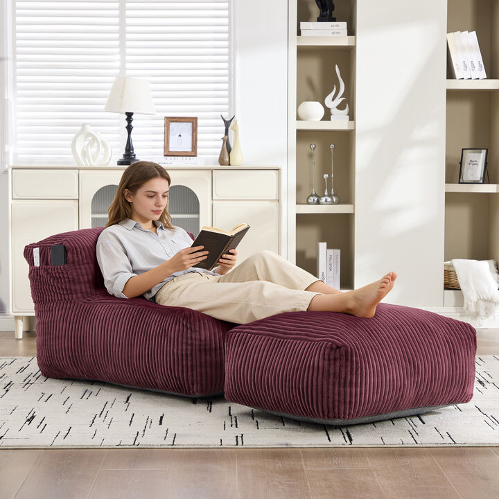 Large Bean Bag Chair for Adults with Ottoman, Soft Corduroy Bean Bag Sofa, Ergonomic Lounger for Living Room, Bedroom, Dorm & Balcony