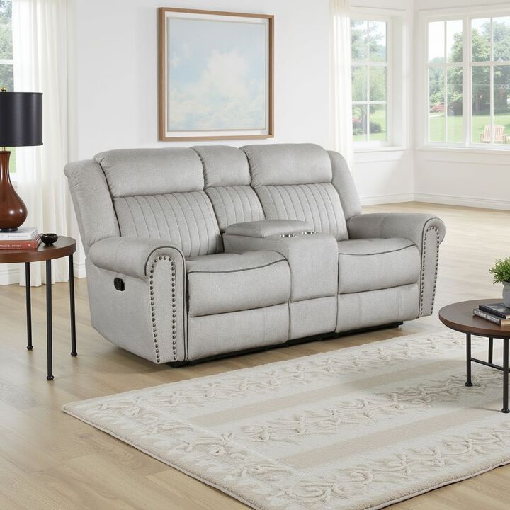 Ben Manual Reclining Loveseat, 76 Inch, Gray Microfiber, Nailhead Trim