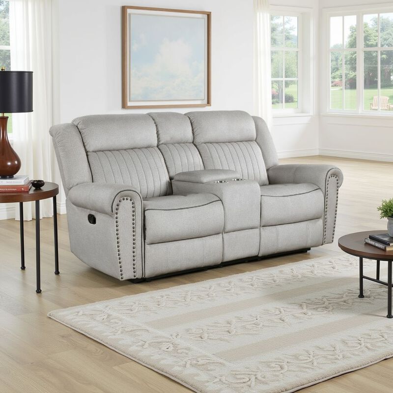 Ben Manual Reclining Loveseat, 76 Inch, Gray Microfiber, Nailhead Trim - Benzara