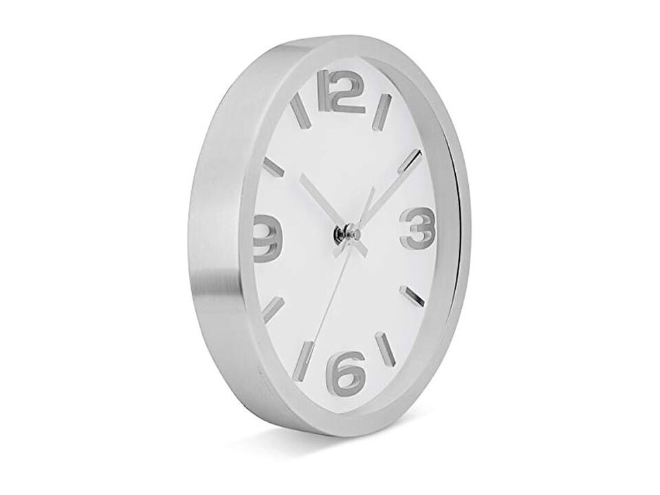 Silver Elegant Metal Wall Clock 10 Inch Silent Non Ticking Easy Read Modern