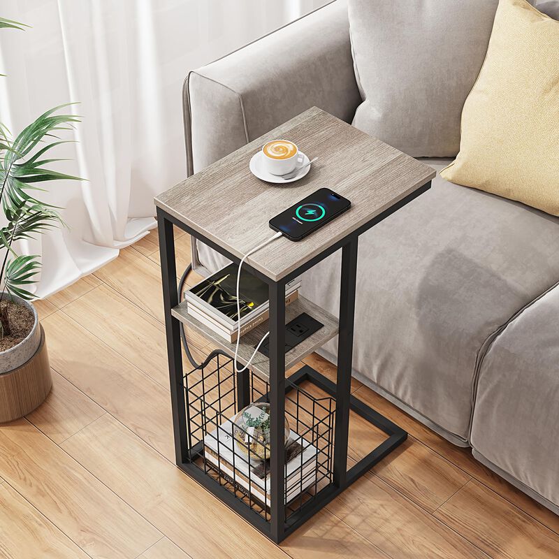 Vagusicc C Shaped End Table with Charging Station, Side Table for Couch, Small Side End Table for Small Spaces, 28"" High Slide