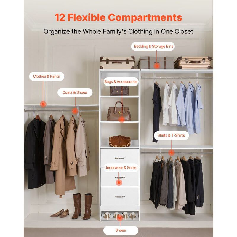Adjustable Closet System with Drawers and Hanging Rods, Freestanding Wardrobe image number 3