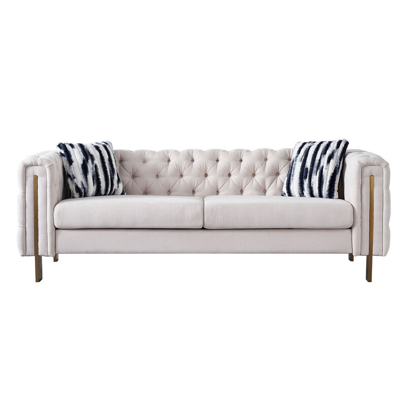 Modern Living Room Sofa Linen Square Arm Sofa, 84.25" W Couch, Beige