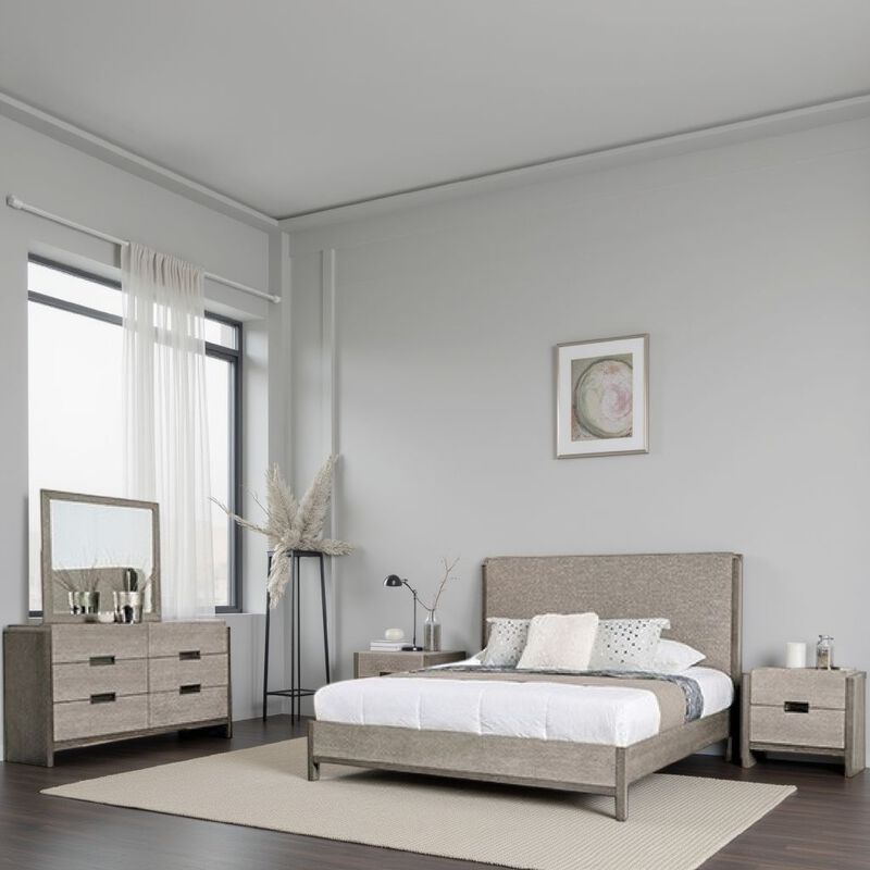 Rizvi 4pc Queen Bedroom Set, Beveled Mirror, Dresser, Gray Solid Wood - Benzara