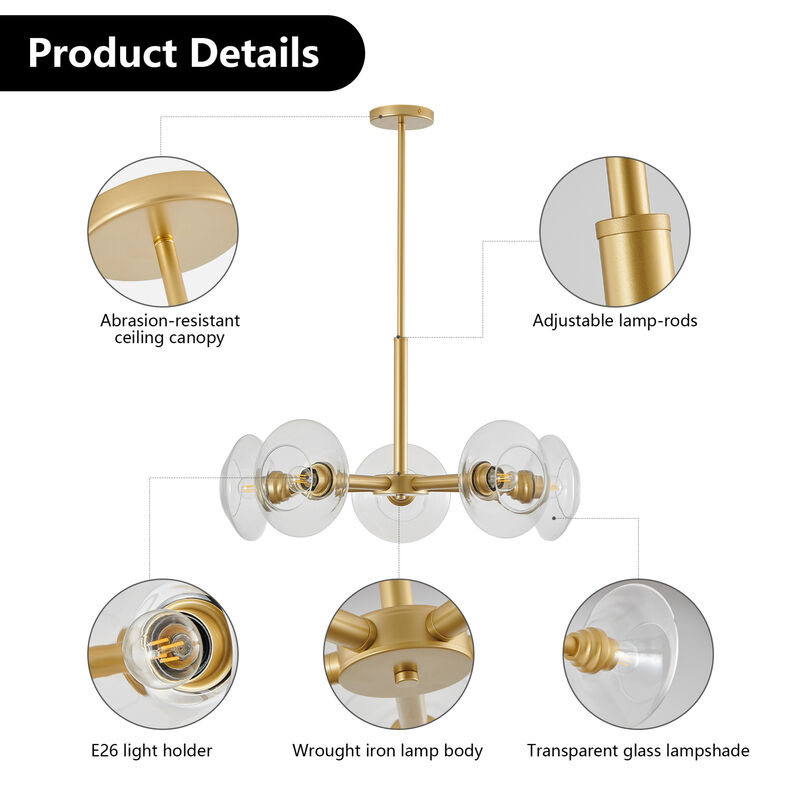 ELEMENT ACE Modern Gold Sputnik Chandelier with Clear Glass Shades Mid-Century Hanging Pendant Light Fixture image number 9