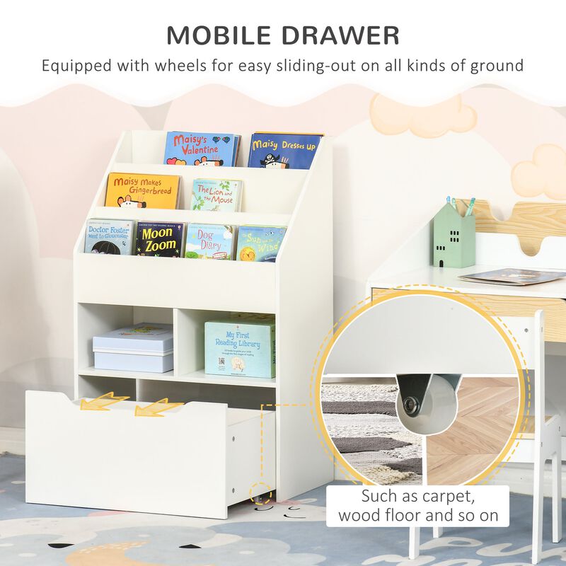 White Kids' Bookshelf: Multi-Shelf Organizer with Drawer