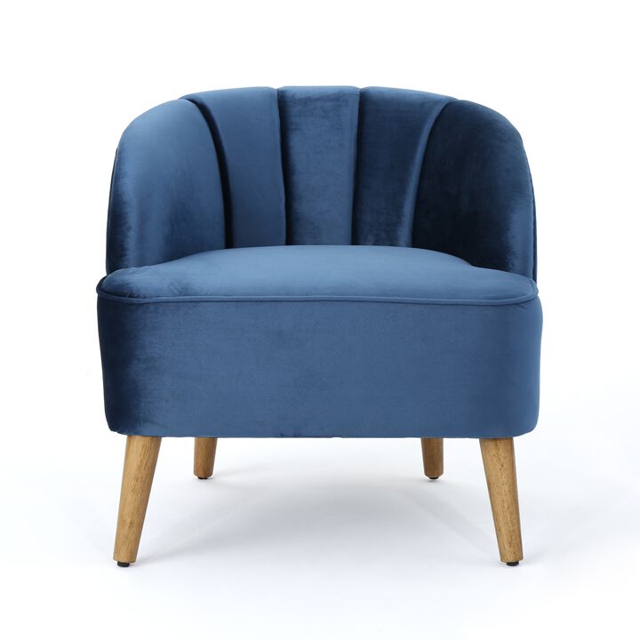 Shale Accent Chair, Navy Blue Velvet, Curved Backrest, Brown Wood Legs