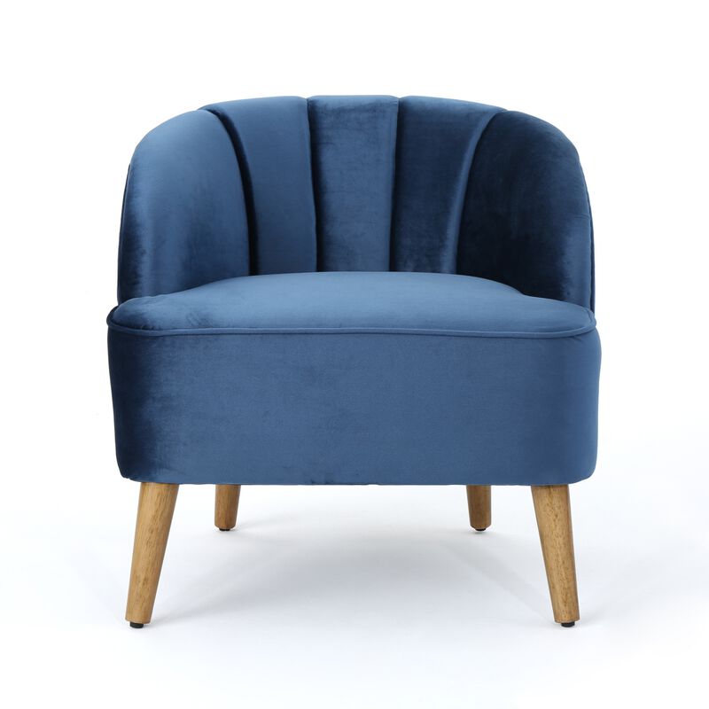 Shale Accent Chair, Navy Blue Velvet, Curved Backrest, Brown Wood Legs