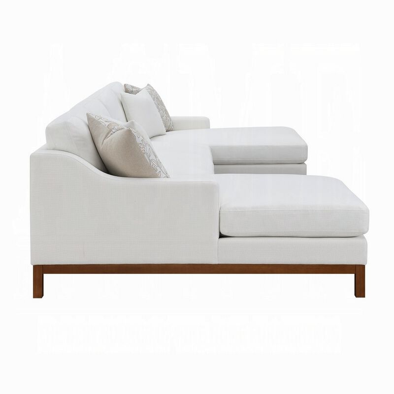 Liant U Shape Sectional Sofa, 4 Toss Pillows, Ivory Chenille, 127 Inch - Benzara