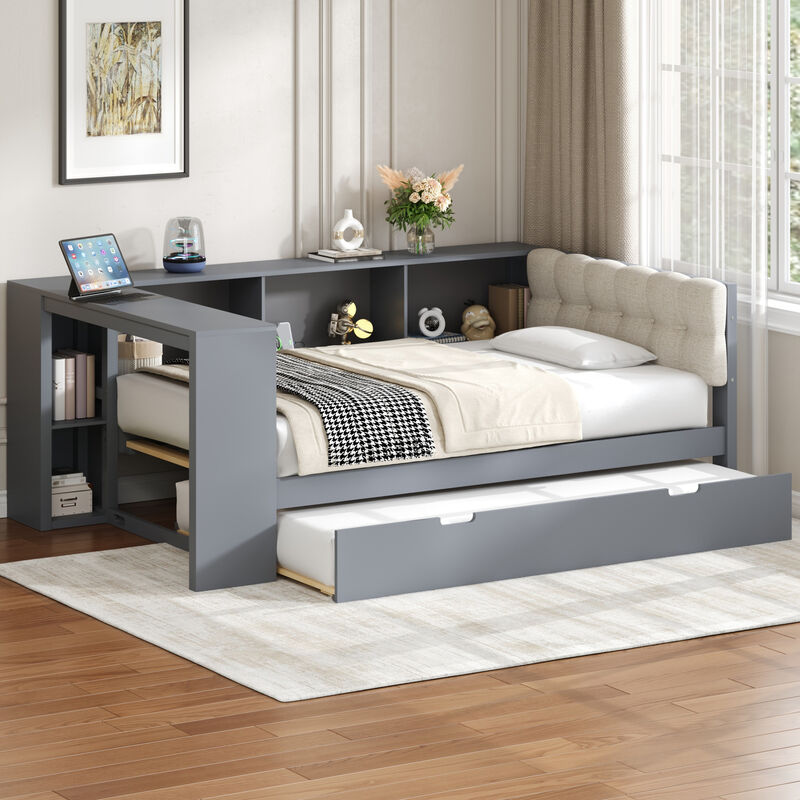 Whisen Platform Bed with Storage Shelves, Trundle, Charging Station and Upholstered Headboard