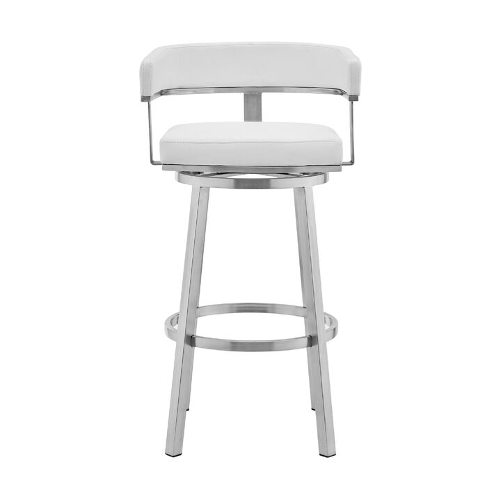 Swivel Barstool with Curved Open Back and Metal Legs, White and Silver-Benzara