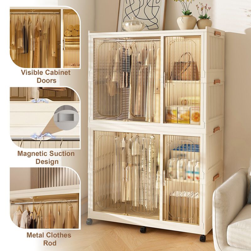 Clihome Portable Wardrobe Closet Organizer,Clothes Dresser,6 Cubes&Magnetic Doors,with Hanging Rods,Hangers image number 3