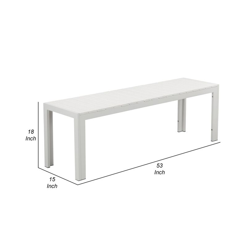 Theo 53 Inch Outdoor Bench, White Aluminum Frame, Plank Style Seat Surface-Benzara