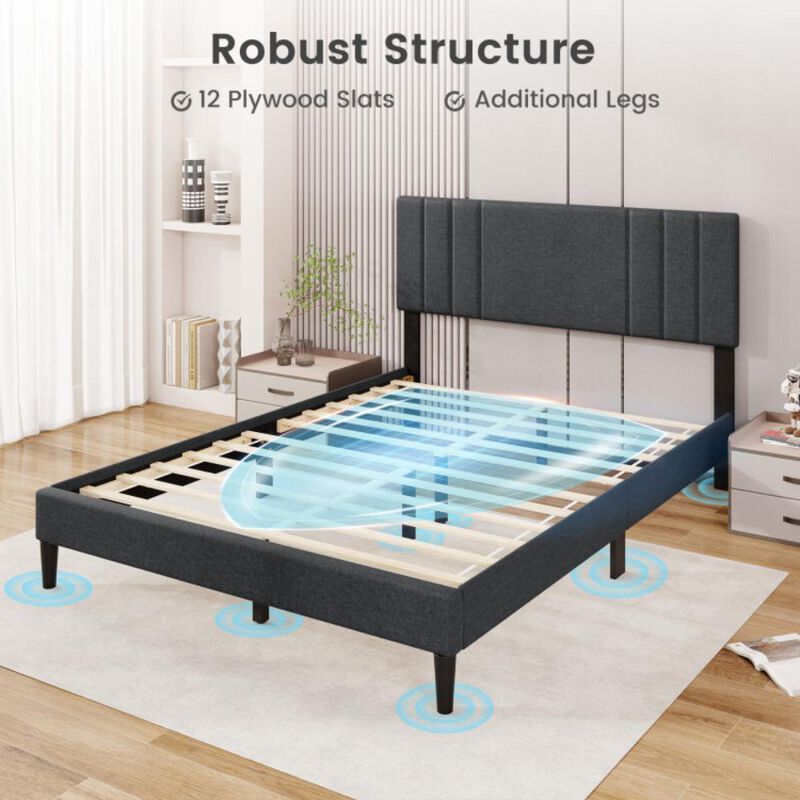 Hivvago Bed Frame with Vertical Channel Tufted Headboard and Wooden Slats-Queen Size
