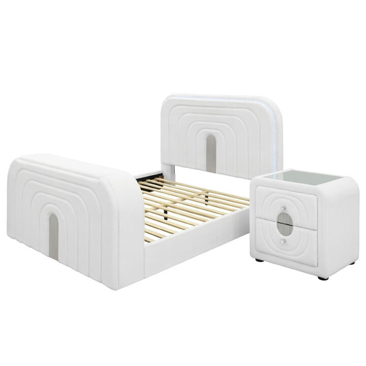 Queen Size Bedroom Set, White Finish, 2-Piece Set with Bed and Nightstand